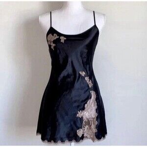 Y2K Victoria's Secret Black Satin Slip Dress Cream Lace Madison Beer Style Sz S